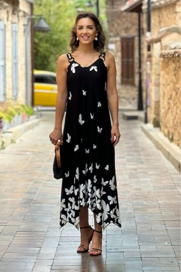 Nevin Kaya Moda-Rochie neagră din bumbac cu curea cu cataramă cu modele de fluturi 1