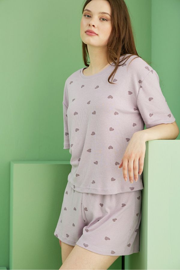 Siyah İnci-Lilac Heart Printed Ribbed Camisole Knitted Shorts Set 1