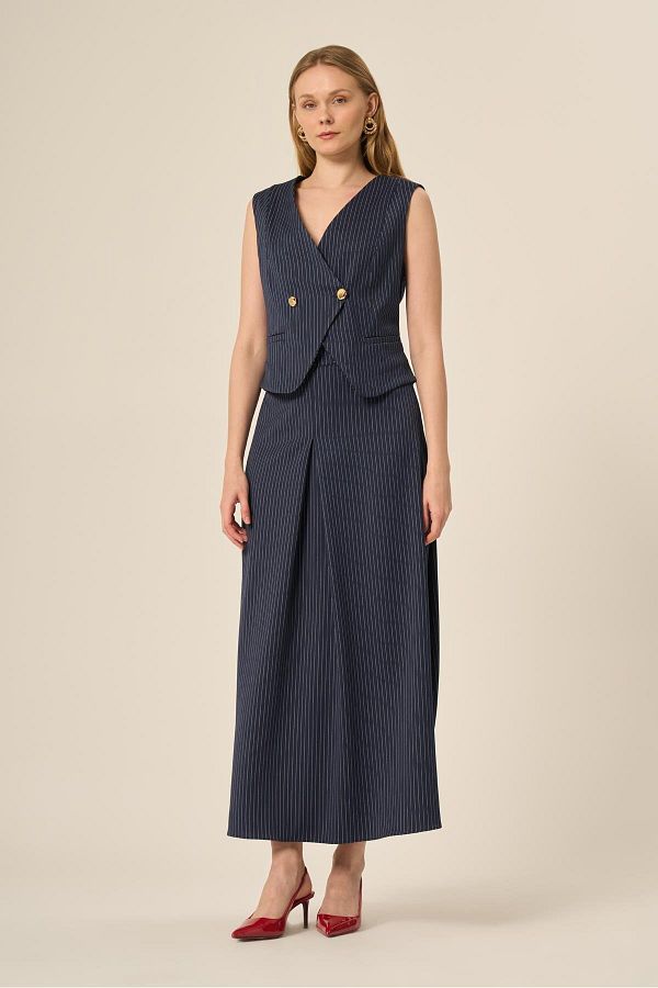 FTZ WOMEN-Ftz Women's Vest Skirt Striped Suit Navy Blue 31147 1