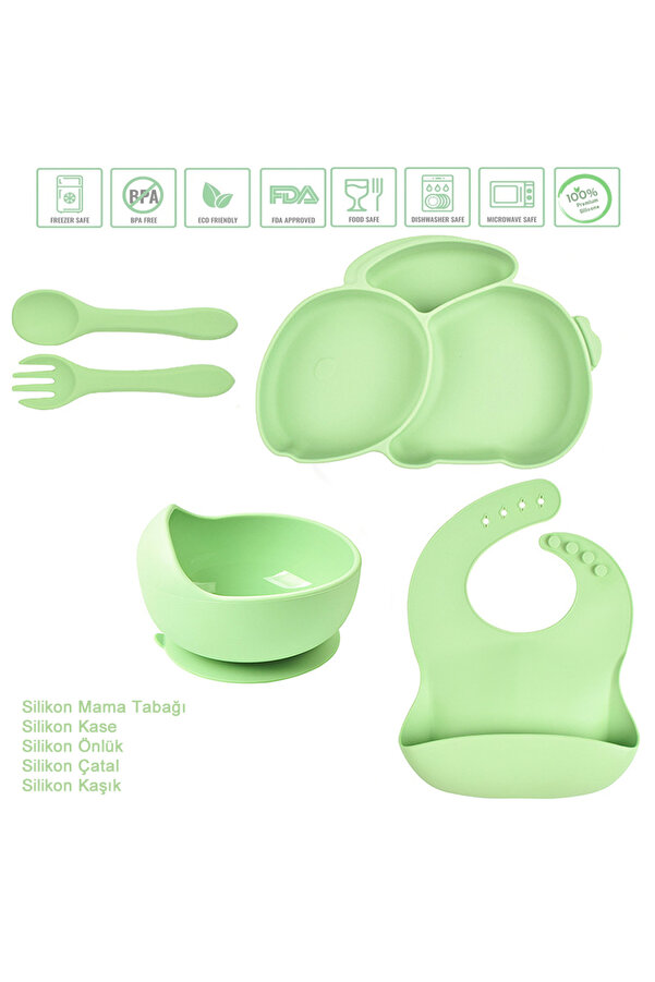 jojobebek Tavşan Figürlü Silikon Beslenme Seti / Vakumlu Mama Tabağı Ve Kase, Önlük, Çatal Ve Kaşık /yeşil