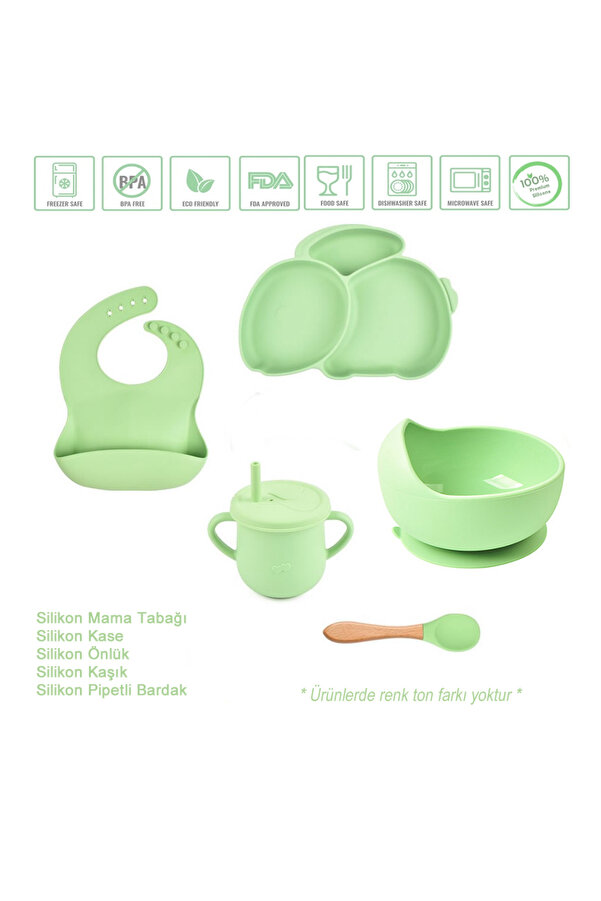 jojobebek Silikon Beslenme Seti / Vakumlu Silikon Mama Tabağı ve Kase, Önlük, Pipetli Bardak ve Kaşık / Yeşil