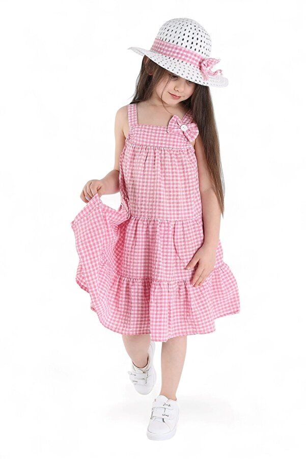 Ege Bebek Kız Çocuk Yazlık Fiyonklu Pötikare Desen Şapkalı 3-4-5-6-7-8-9-10 Yaş Elbise