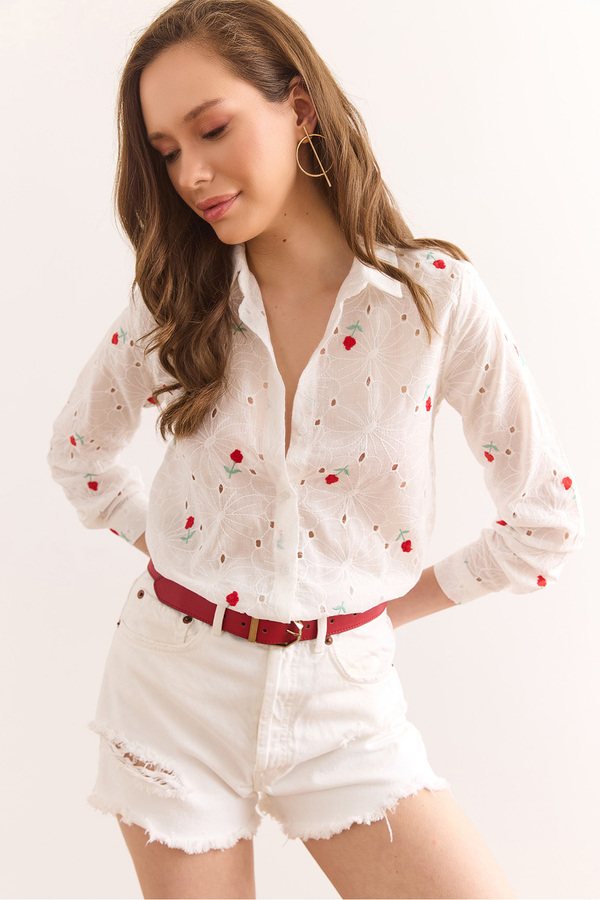 Olalook-Cămașă de damă, albă, roșie, florală, din bumbac, GML-19001326 1