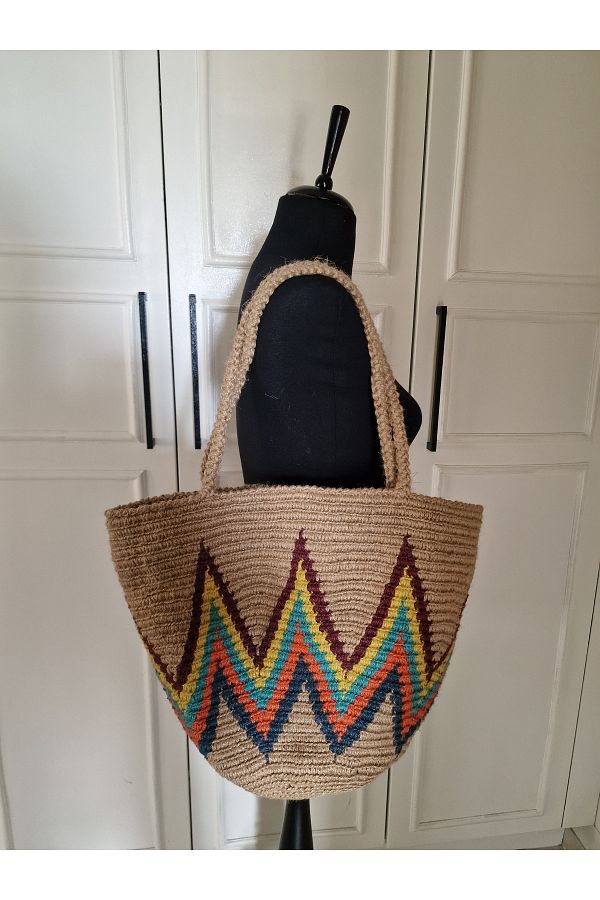 Hobi Kafe-Bohemian Wicker Beach Bag Jute String Built, Unlined 1
