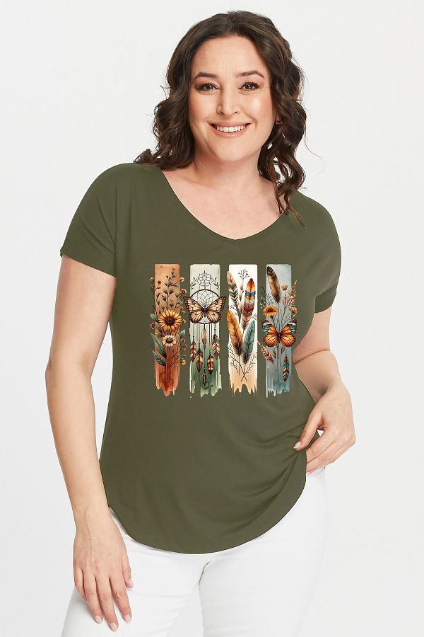 Curvy Trend-Plus Size Bohemian Butterfly Printed Wide V-Neck Short Sleeve Oval Slit Blouse 1