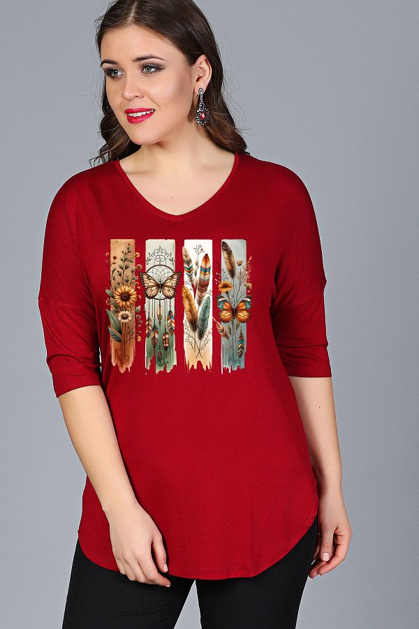 Curvy Trend-Plus Size Bohemian Butterfly Printed Half Sleeve Side Slit Blouse 1
