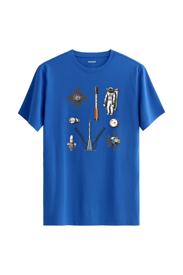 Colermi-Unisex Blue T-Shirt with Spacecraft and Astronaut Printed 1