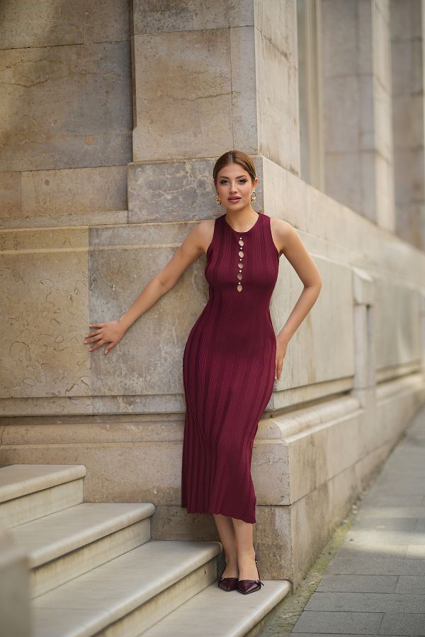 Lusin-Women's Coffee Stylish Stone Pearl Detailed Summer Fabric Sleeveless Long Knitwear Dress S/M 1