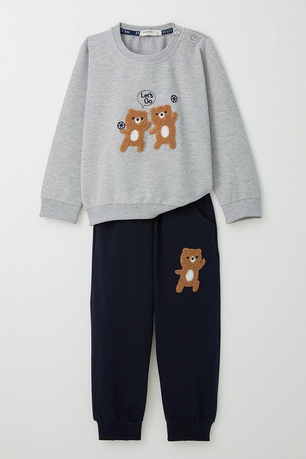 Breeze-Baby Boy Tracksuit Set Cute Embossed Moonlight Friends Printed 9 Months-3 Years, Light Gray Melange 1