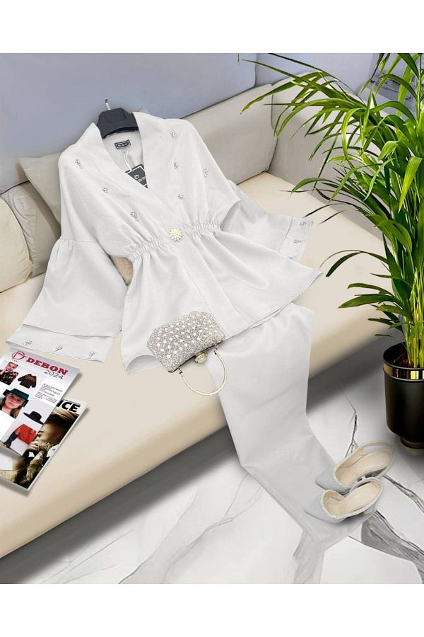 Zümrüt-Set rochie de seară cămașă și pantaloni cu talie elastică cu detalii de piatră - 1705 1