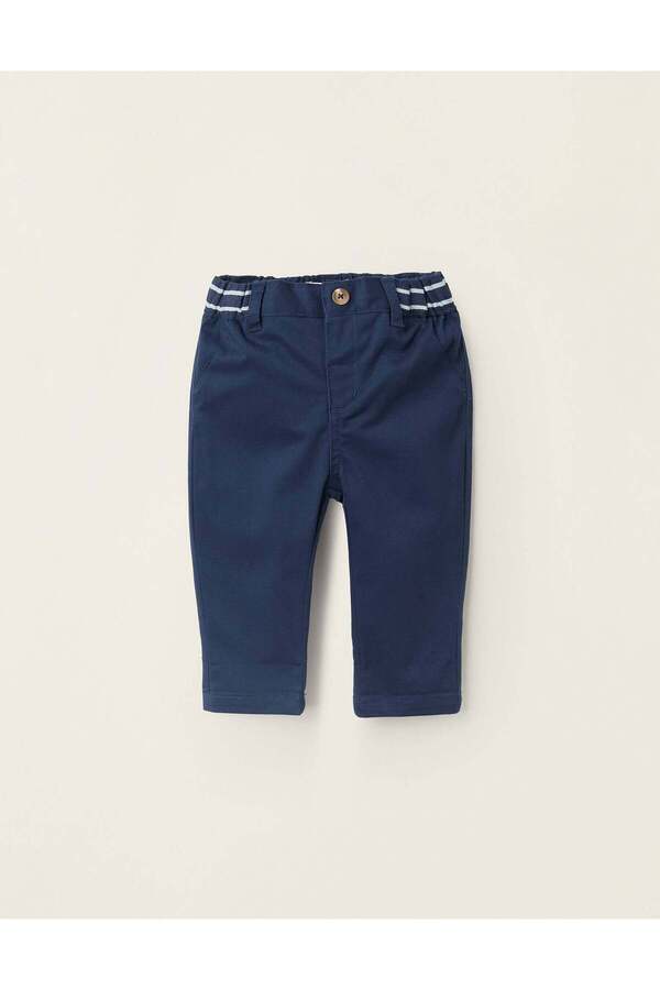 Ziddy-Twill Chino Trousers with Striped Waist for Newborns, Blue 1