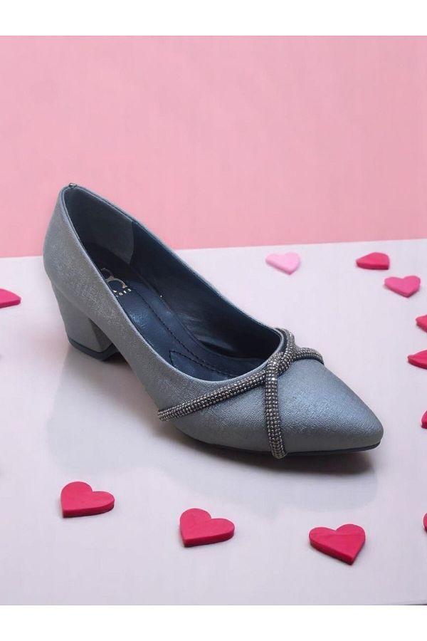 Elit-885 Platinum Stone Detailed 5 cm Women's Heeled Shoes 1