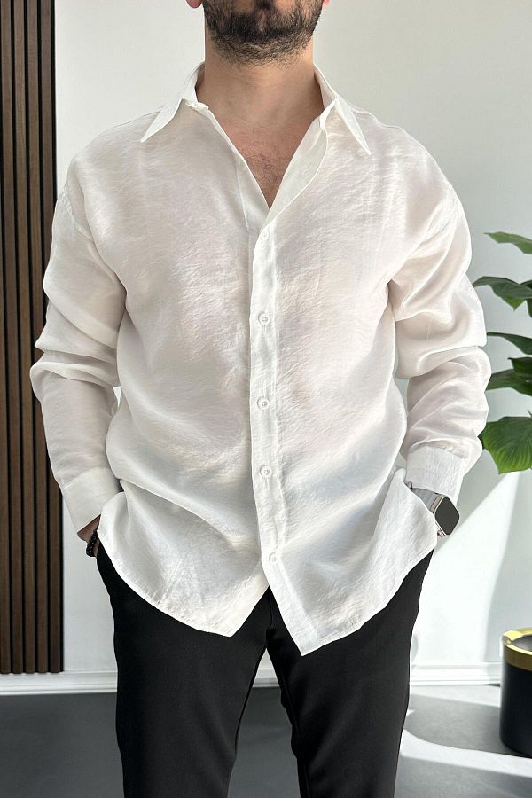 Edwox-Men's Loose Modal Fabric Shirt White Edw267 1