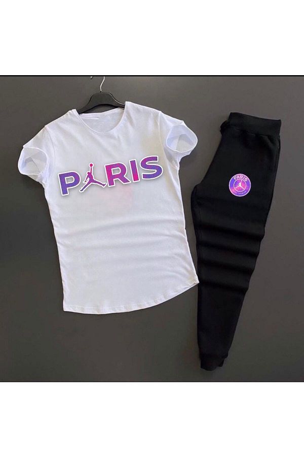 Minikelya-Unisex White Paris Printed Slim Fit T-Shirt - Black Slim Fit Sweatpants Combination Bottom Top Set 2 Pieces 1
