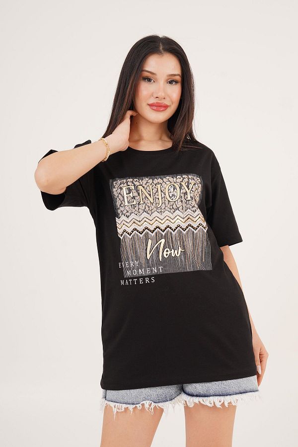 Hipo Trend-Enjoy Black T-Shirt with Printed Text and Stone Detail 1
