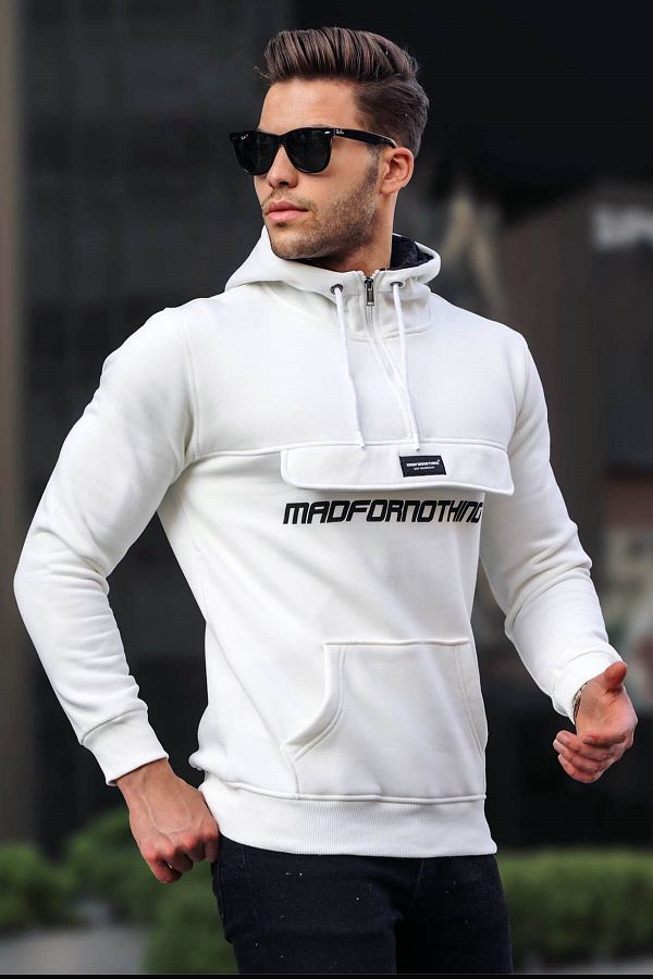 Madmext-White Kangaroo Pocket Hooded Sweatshirt 4729 1