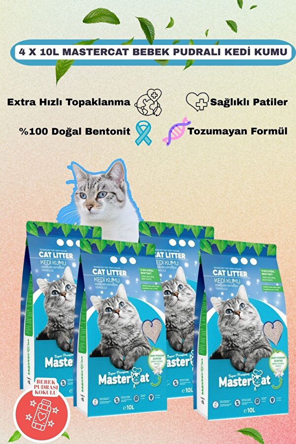 mastercat 4 X 10L Bebek Pudralı Kedi Kumu Ekonomik Paket