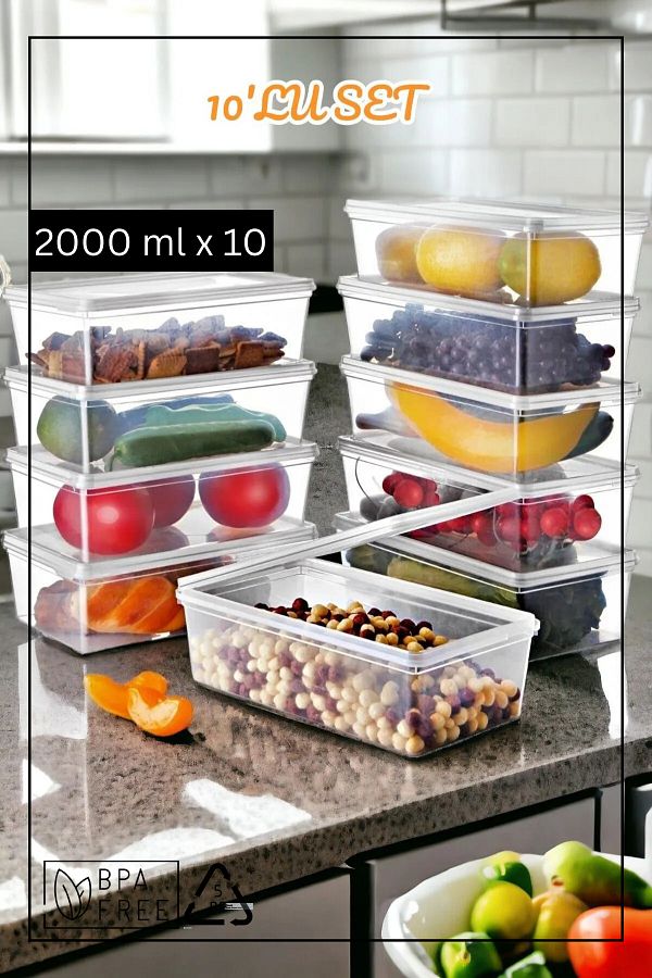 Espas Home-10 Pieces of Self-Covered Storage Containers Suitable for Deep Freezer - 10 Pieces 2 Lt 1