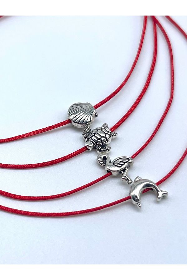 Concept HuBuTU-4 Pieces Sea Themed Silver Color Object Minimal Red Rope Anklet Set 1