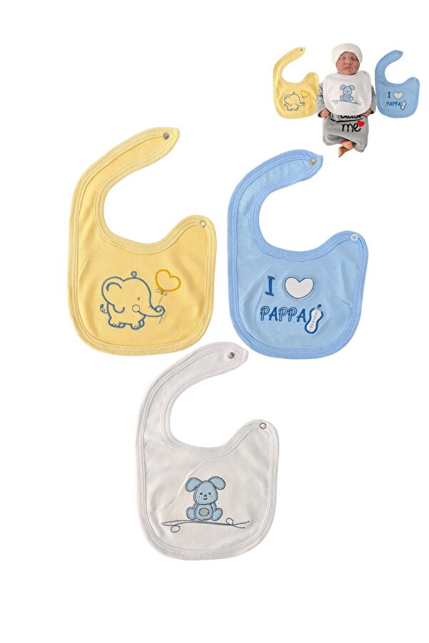 Tomuycuk %100 Pamuklu 3'lü Erkek Bebek Önlüğü Yakalık Mama Önlüğü Çift Katlı Çıtçıtlı Fular Salya Önlüğü