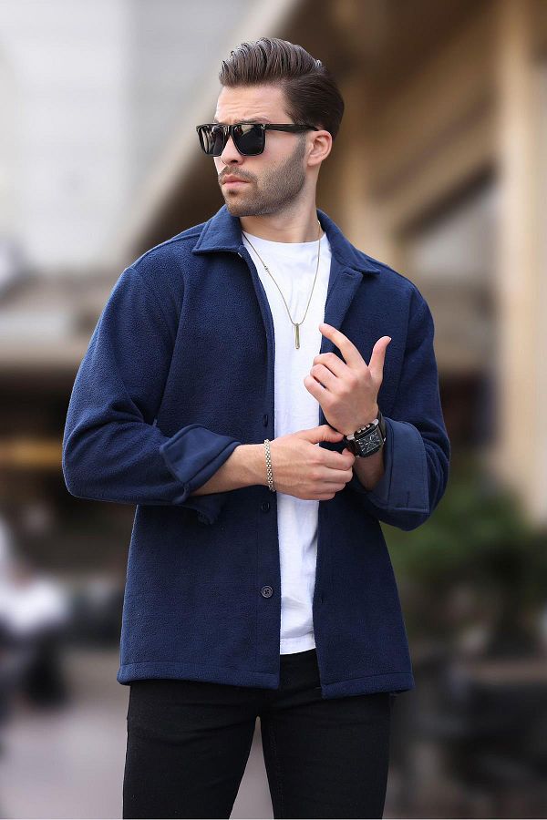 Madmext-Herren-Fleece-Hemd 6753 – Marineblau mit Knöpfen 1