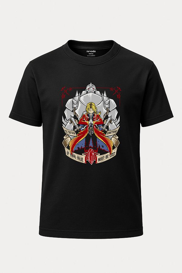 nirvoda-Edward Elric Fullmetal Alchemist Printed Loose Fit Crew Neck Unisex T-Shirt Anime Manga Black 1