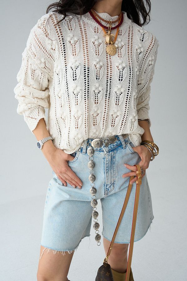 LOOSH-Women's Ecru Stand Collar Pompom Detailed Openwork Seasonal Sweater 1