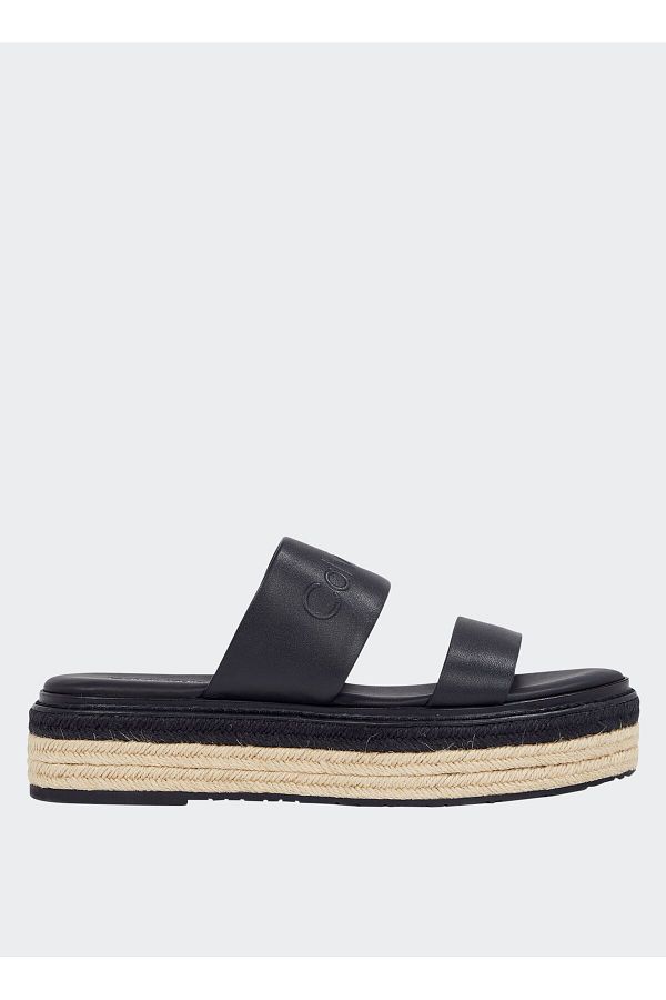 Calvin Klein-Women's Thick Heel Straw Heel Double Strap Comfortable Black Slippers Hw0Hw02374-Beh 1