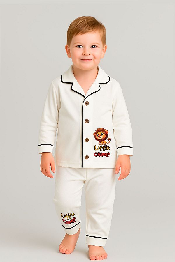 peki baby&kids-Well Girl Boy Soft Combed Cotton Little Champ Lion Print Pajama Set 18850 1