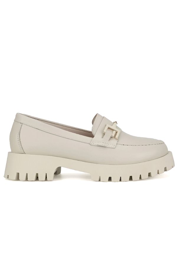 Beety-4254 Genuine Soft Leather Beige Buckle Women's Loafer Shoes 1