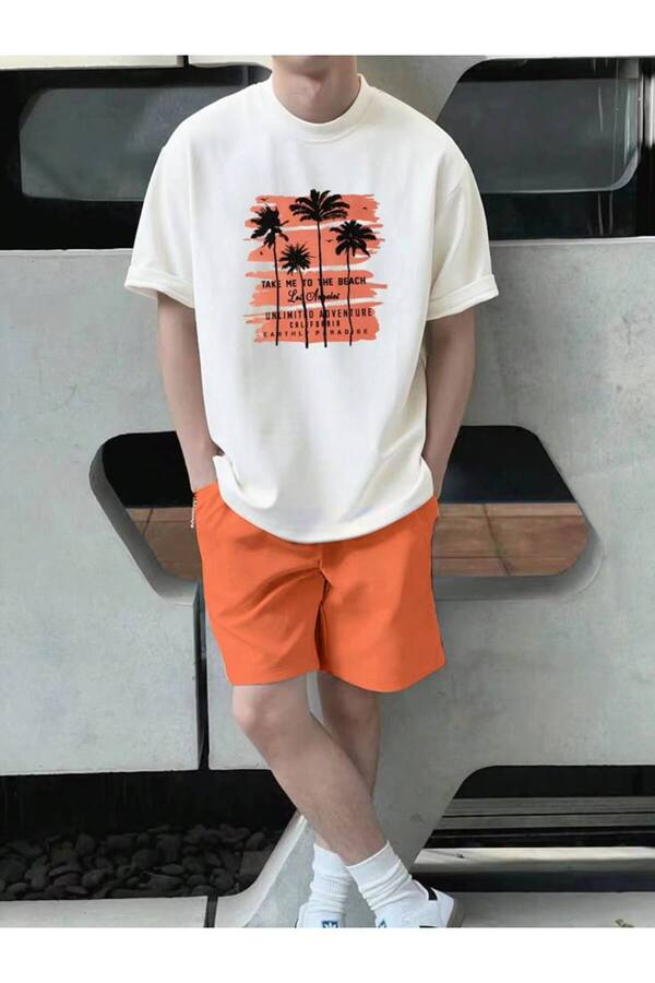 Generic Brands White&Orange Tropical Printed Short Sleeve T-Shirt and Shorts Two-Piece Set