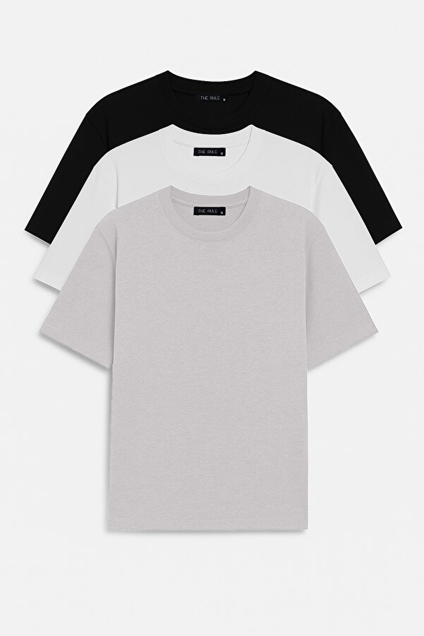 Unisex 3'lü Paket Siyah - Beyaz - Gri Oversize %100 Pamuk Bol Geniş Kesim Bisiklet Yaka Basic Tişört