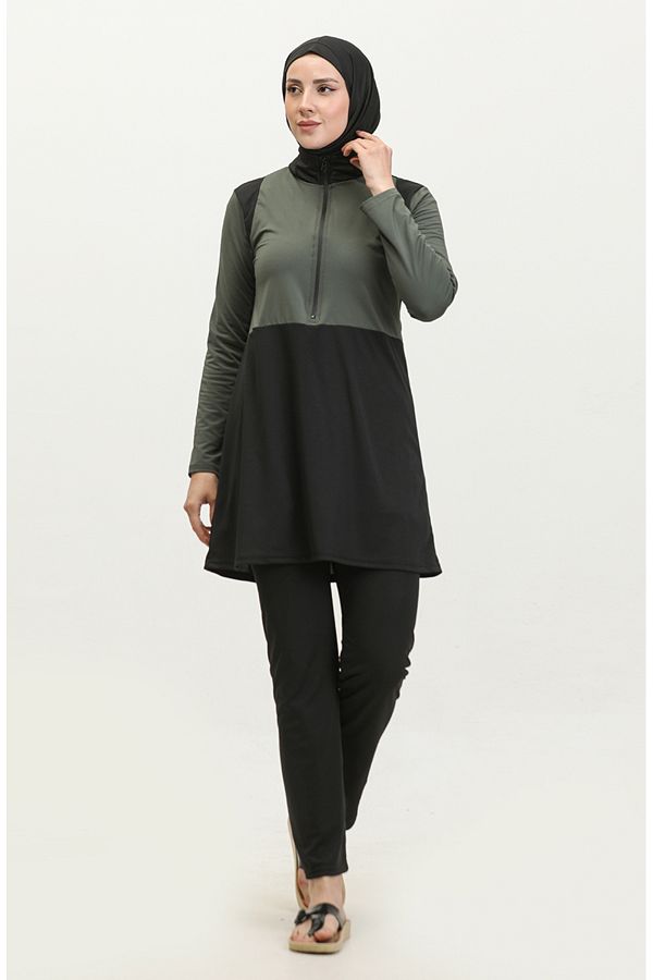 sefamerve-2317-04 Modell Khaki Schwarz Zipped Hijab Badeanzug 1