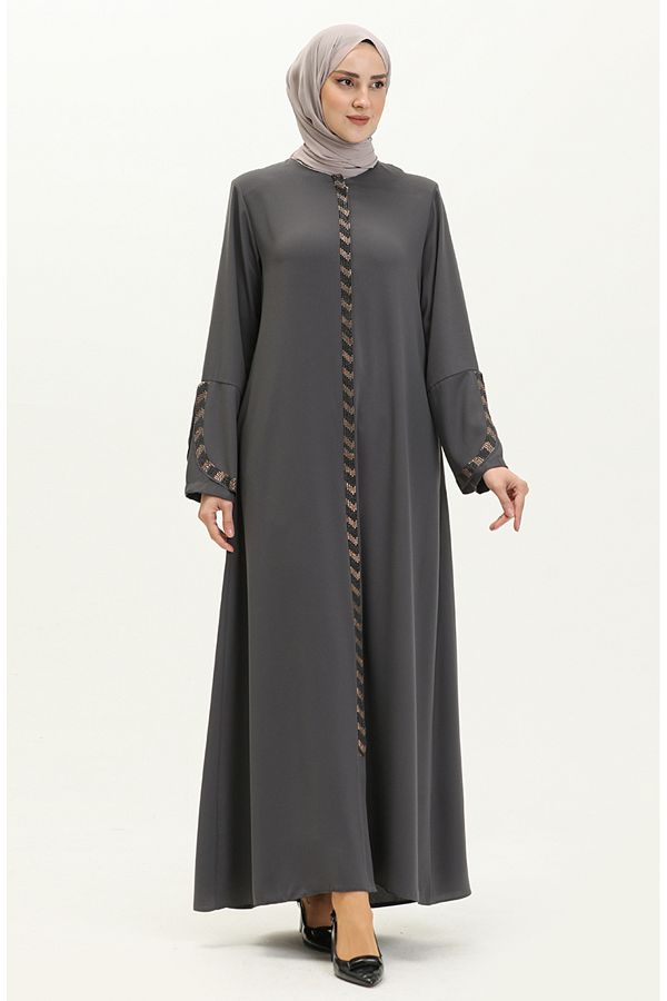 sefamerve-Γκρι Plus Size Ferace με φερμουάρ - 5032-06 1