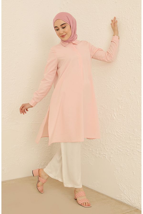 sefamerve-Salmon Tunic with Hidden Buttons and Slits 6478-17 1