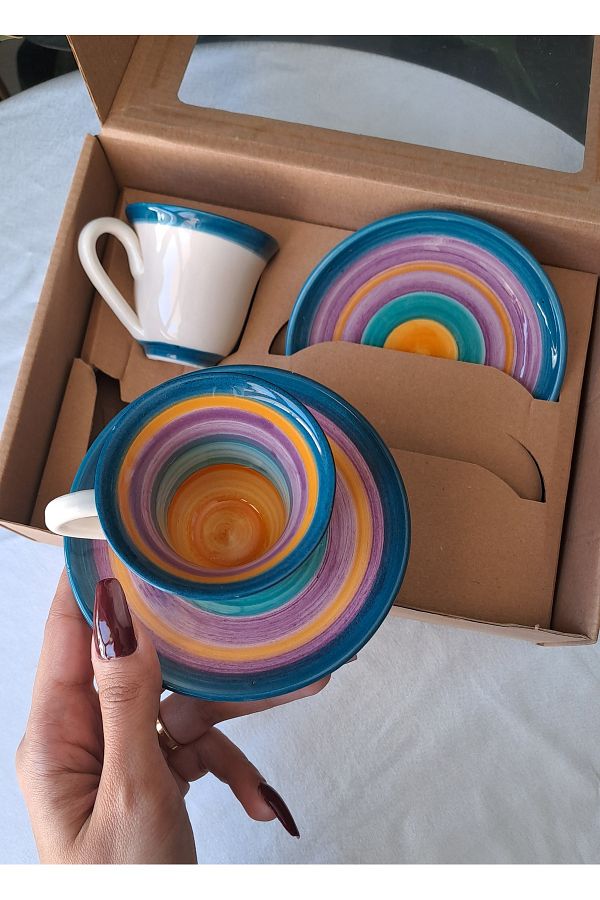 Gonulella-2 Person 4 Piece Colored Ceramic Saucer Coffee Cup - Rainbow Ceramic 1