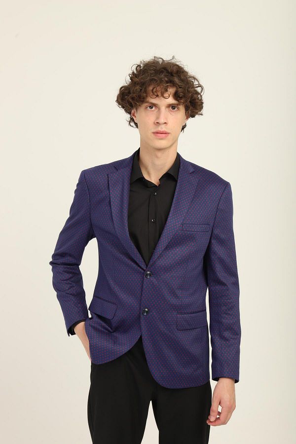 AGUSTİNİ-Navy Blue Color Claret Red Dot Pattern, Mono Collar Two Buttons Double Slits Single Jacket Medium Fit Pattern |   August 1