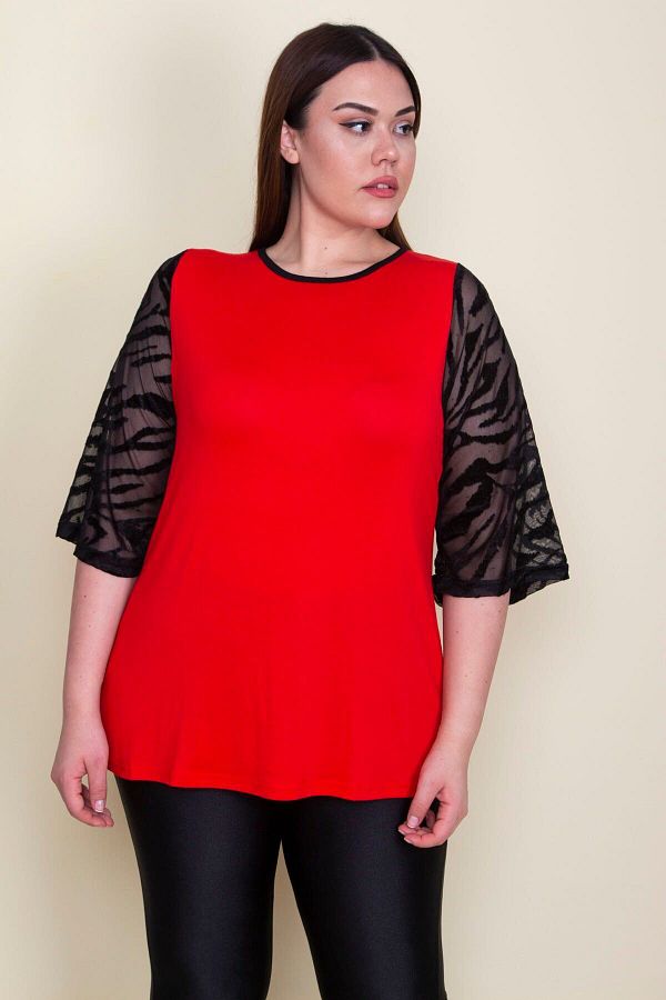 Şans-Women's Large Size Red Sleeves Flocked Tulle Detailed Viscose Blouse 65n25580 1