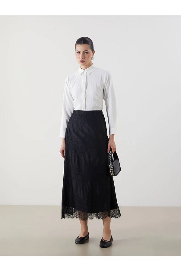 LC Waikiki-Lcw Modest Black Elastic Waist Self Patterned Brode Skirt 1