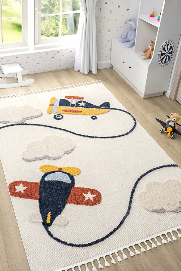 Eliz Home Yumuşak Renkli Bukleli Uçak Figürlü Dokuma Halı Bebek Odası Çocuk Odası Genç Odası Halısı 7