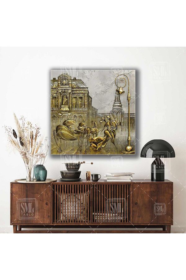 SML TABLO-Couple Dancing under the Lights of the City Relief Square Canvas Print 1