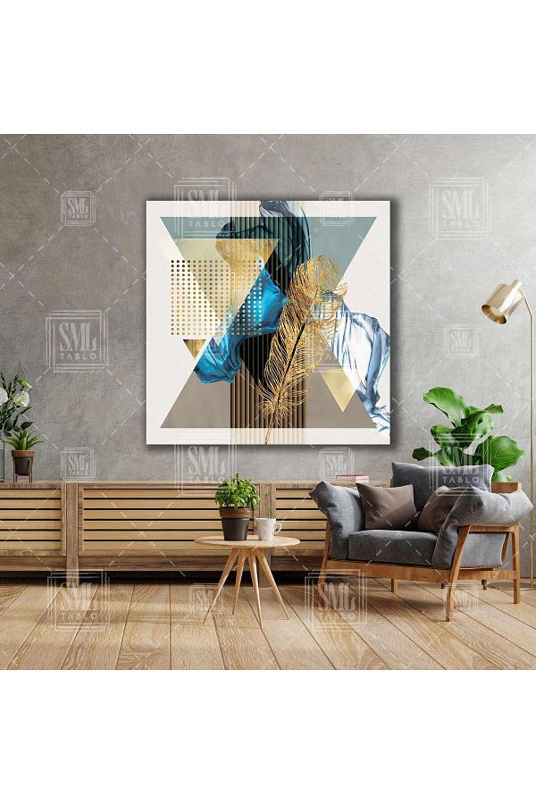 SML TABLO-Golden Bird Feather Geometric Patterns Modern Luxury Decor Square Canvas Painting 1