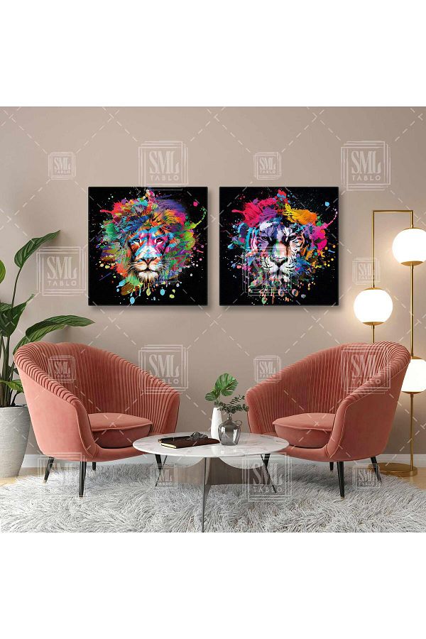SML TABLO-Lion and Tiger Double Square Combination of Paint Splashes Set of 2 Canvas Painting 1