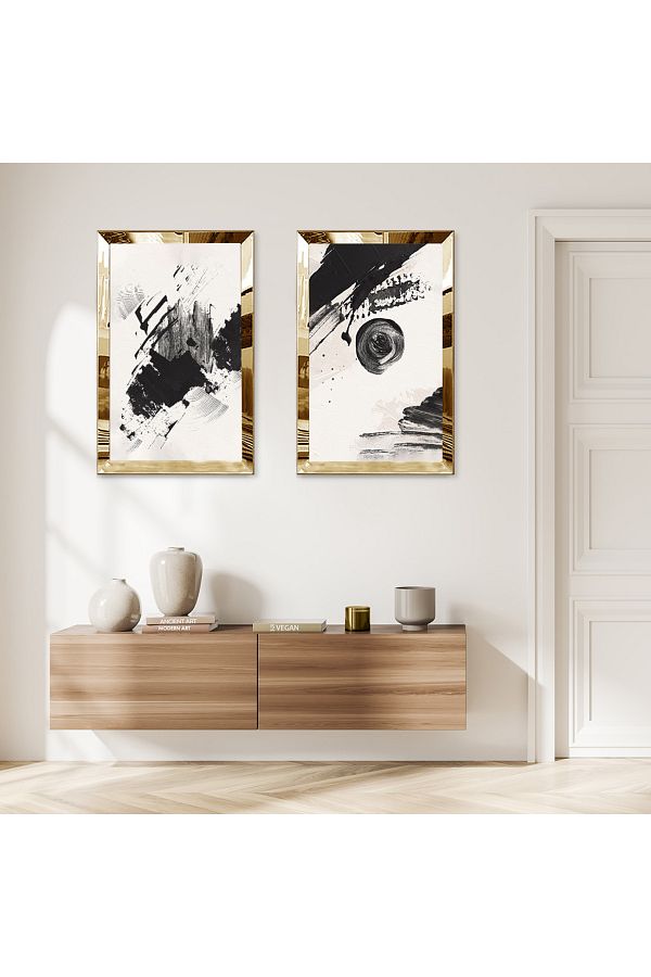 Zevahir Mobilya Dekorasyon-Gold Mirrored Plexi Frame with White Background Black Brush Stains Double Mdf Table Set 1