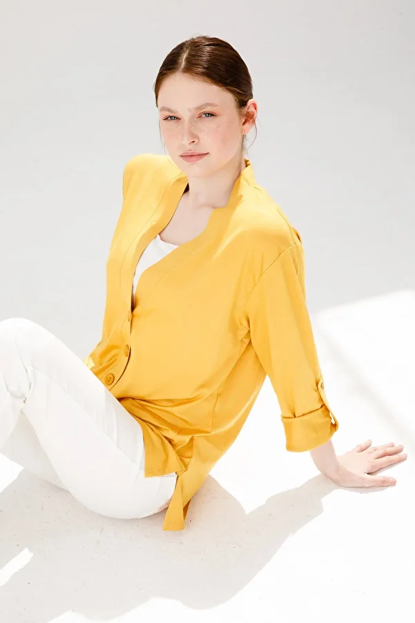 Desen Triko-Women's V-Neck Long Sleeve Pocket Buttoned Combed Cotton Jacket Mustard 1