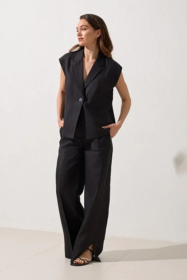 Setre-Black 100% Linen Single Button Detail Sleeveless Vest Relaxed Cut Pants Suit 1
