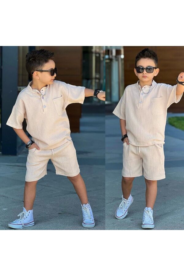 Calisa-Boy's Muslin Judge Collar Shirt and Shorts Set Eid Summer 1