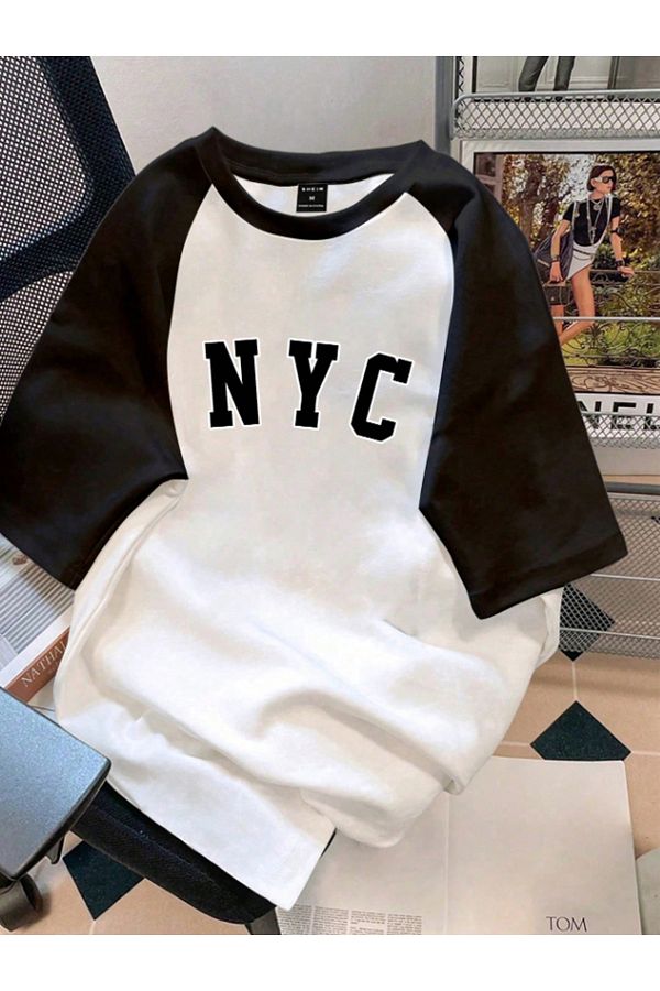 DUBU BUTİK-Nyc Printed Single Jersey White Black Raglan Sleeve T-Shirt - Oversize Crew Neck T-Shirt 1