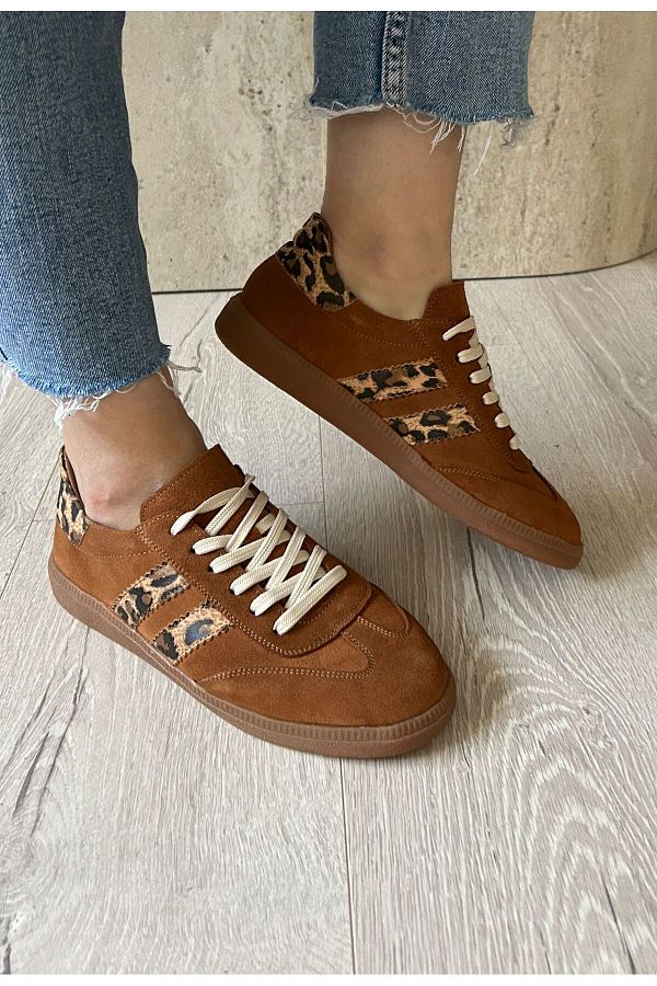POTEEN-Ptc Mierra Genuine Leather Suede Sneaker Sports Shoes-Tan Leopard Detail 1