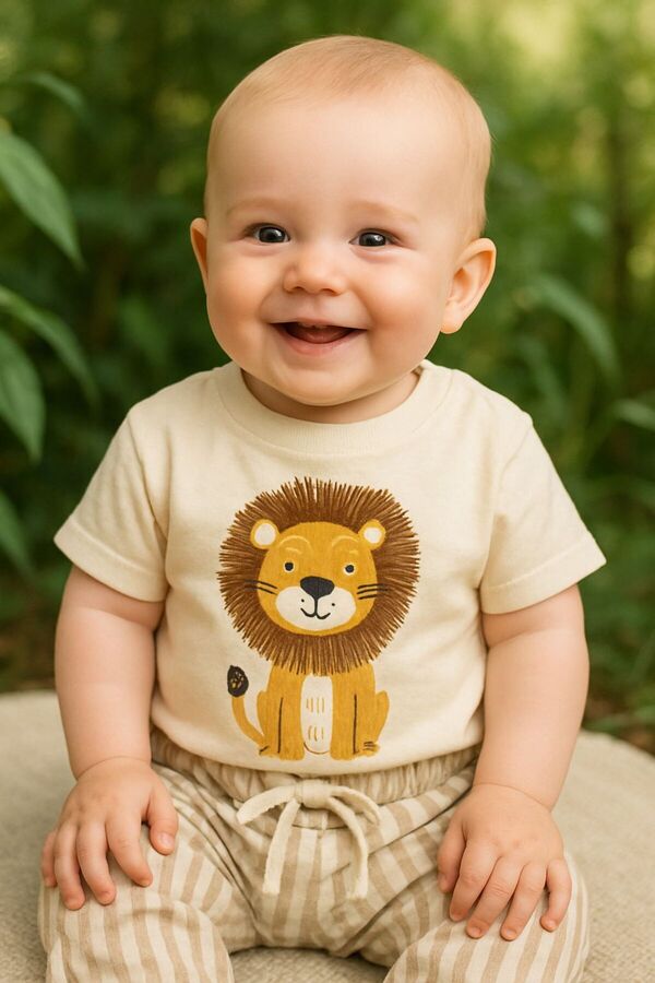 Bolly Baby Aslan Baskılı Çizgili Müslin Pantolonlu 6-24 Ay Kısa Kollu Yazlık Erkek Bebek Takım
